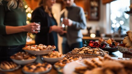 Group of people enjoying snacks at festive gathering in cozy kitchen