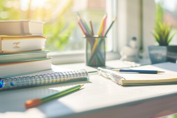 A clean, white desk featuring a variety of school supplies including spiral-bound notebooks, colored pencils, a stack of textbooks, and educational materials,