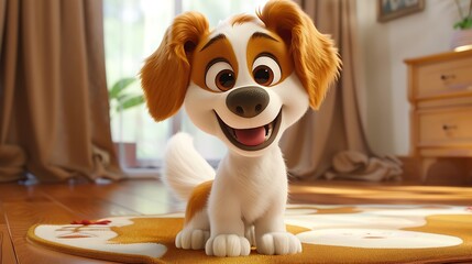 Happy Cartoon Puppy in Cozy Room