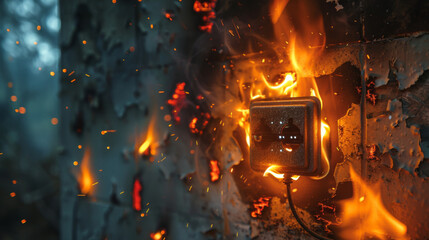 Electric outlet catching fire with flames spreading on the wall, highlighting electrical safety hazards.