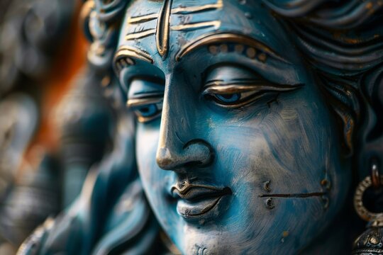 A close-up of an Ardhana Ishvara statue, representing the combined form of Shiva and Parvati.