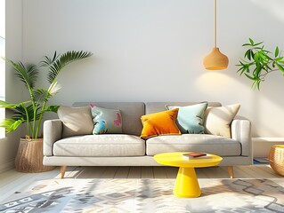Modern interior of a living room with a grey sofa, colorful pillows and carpet on a light background