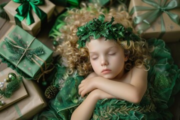 Dreamlike visions seem to dance resting beautiful child. Peaceful atmosphere is heightened her curls and green surroundings. Juxtaposition of curly hair and peaceful repose creates 