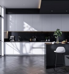 Modern kitchen interior with white cabinets and black wall, side view