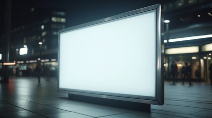 Urban advertising concept  blank billboard in subway station with passing trains and commuters
