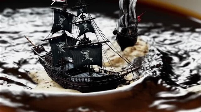 Dos barcos piratas navegan en un mar con grandes olas, en realidad se encuentran navegando en un vaso de bebida cola