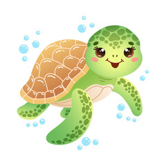  Adorable vector illustration of a smiling cartoon sea turtle, swimming amid bubbles. Cheerful and colorful character
