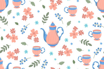 Seamless vector pattern of Teapot and cup with summer field flowers and leaves. Seasonal background.