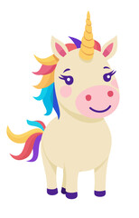 Baby unicorn with bright hair and tail and golden horn. Vector isolated illustration