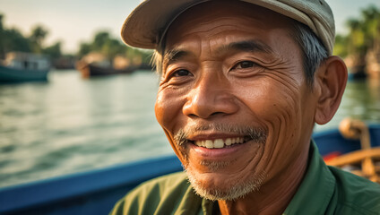 Smiling elderly Vietnamese fisherman