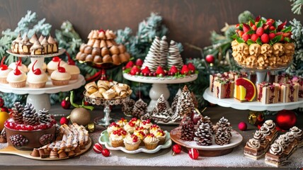 Fototapeta premium Festive dessert table with cakes, pastries, and holiday decorations