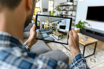 Person using tablet to view modern living room for interior design inspiration, with cozy furniture and stylish decor.