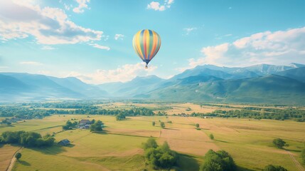 Naklejka premium Colorful hot air balloon flying over beautiful landscape with mountains