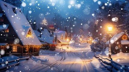 Snow-covered village at night with festive lights and snowfall