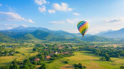 Naklejka premium Colorful hot air balloon flying over beautiful green rice fields and mountains