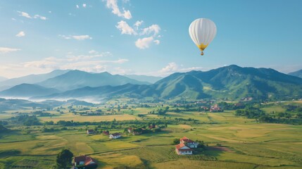 Obraz premium White hot air balloon flying over beautiful green valley with scattered houses and mountains in background