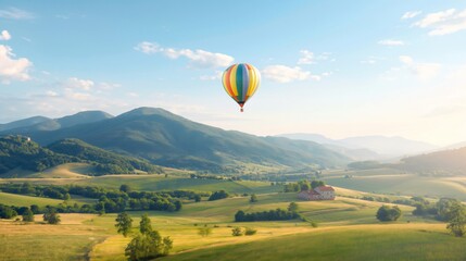Fototapeta premium Colorful hot air balloon flying over beautiful green hills at sunset