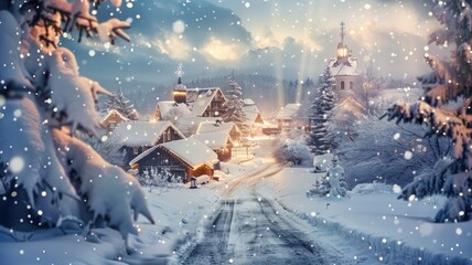 Snowy village scene with snow-covered trees and houses under cloudy sky at dusk