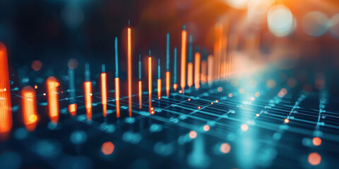 Abstract image of data visualization with glowing orange and blue bar graphs and blurred lights, representing modern technology and analytics.