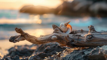 Driftwood and seashell decoration swaying in the wind with a blurry backdrop