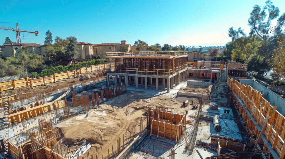 Aufkleber aerial view of a large building under construction with scaffolding and materials on site on a sunny