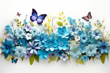Blue flowers and butterflies on white canvas, artistic representation of spring and nature concept