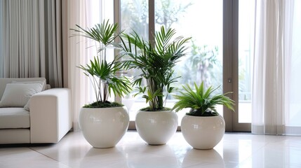 Plants in contemporary white living room pots