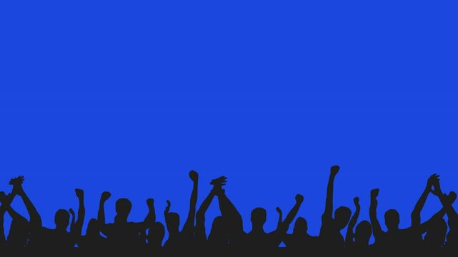 Animated silhouettes of cheering fans. Large crowd of people having fun, cheering, clapping at a concert, festival, or party. Crowd silhouette animation.