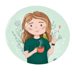 Character creative blonde girl with a cup of coffee and with a parrot on her shoulder