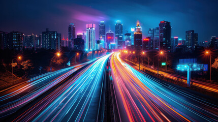 Dynamic night cityscape featuring colorful light trails from traffic and illuminated skyscrapers, showcasing urban energy and movement.