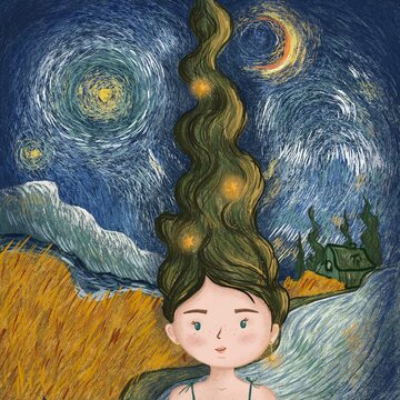 Girl based on Van Gogh's painting, Road with a cypress and a star, character girl with stars against the background of the night sky