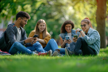 Happy students are sitting on a green lawn with phones in their hands. Blurred background