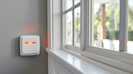 Home security system's motion sensor installed near a window, emphasizing safety and modern residential security technology.