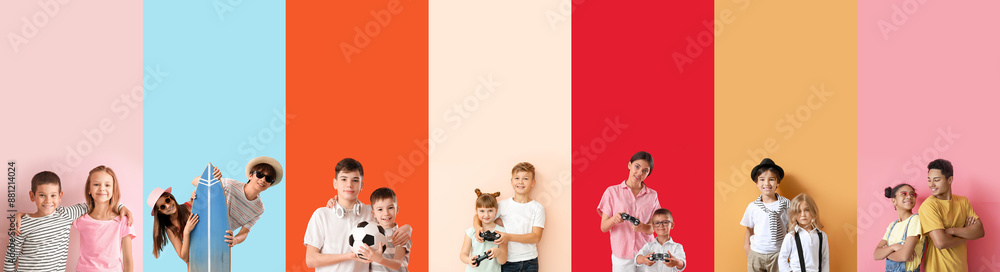 Canvas Prints Group of cute brothers and sisters on color background