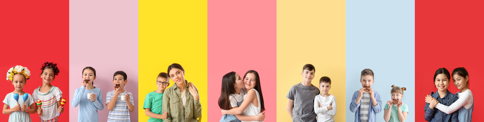 Set of cute brothers and sisters on color background