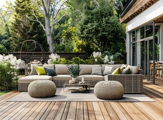 Modern outdoor garden with grey rattan sofas and wooden deck flooring background, garden furniture for home exterior decoration