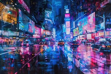 Naklejka premium An acrylic neon painting of a bustling cityscape at night, with skyscrapers and neon signs reflecting off wet streets. 