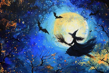 An acrylic painting of a witch flying on a broomstick across a moonlit sky, with stars and bats in the background