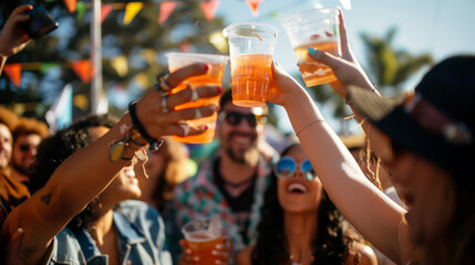 Group of excited friends raising plastic cups in a toast at an outdoor music festival