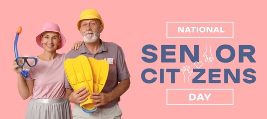 Banner for National Senior Citizens Day with mature couple holding snorkeling mask and flippers