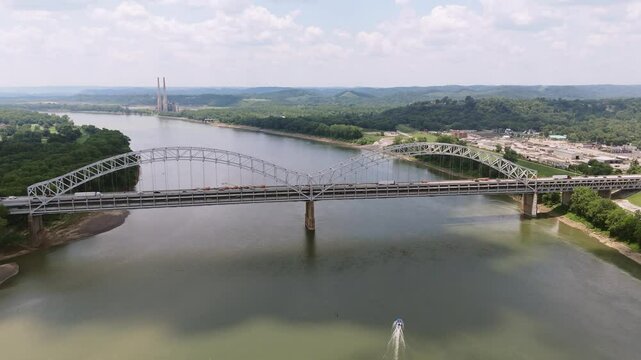 Drone Aerial Sherman Minton Bridge Louisville Kentucky Ohio River Big High and Wide Circle Whole Bridge Left to Right Slow