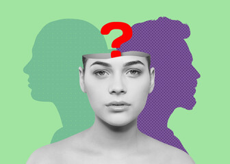 Amnesia. Collage of woman with question mark in head and silhouettes of people on green background