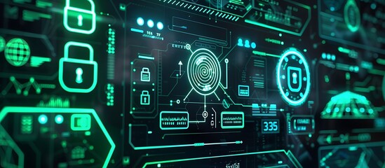 High-tech screen displaying fingerprint and safe icons for cyber security, intense green details,