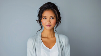 Fototapeta premium young asian business woman portrait against light gray background