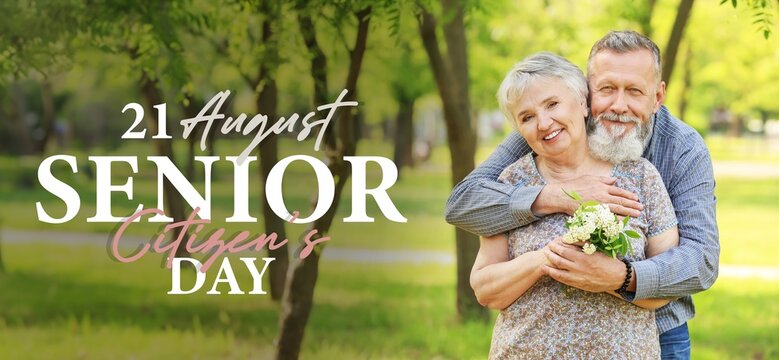 Banner for Senior Citizen Day with happy couple in park - Powered by Adobe