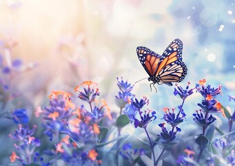 Monarch butterfly on blue and purple flowers, nature background with copy space for text