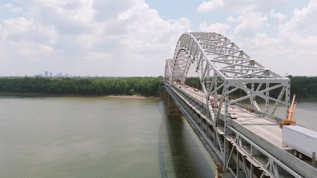 Drone Aerial Sherman Minton Bridge Louisville Kentucky Ohio River Fast Move Alongside Of Bridge (Bridge on Right)