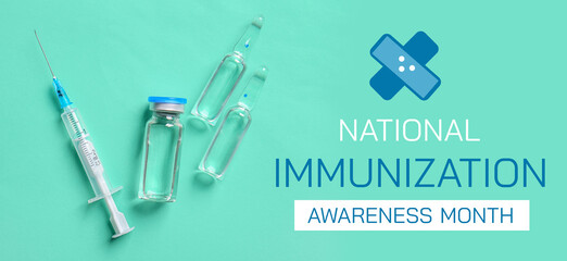 Medical ampules with syringe on green background