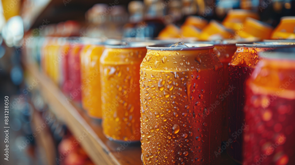 Wall mural Row of colorful soda cans with condensation on store shelf, highlighting refreshment and beverage variety.