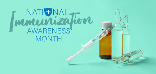 Medical ampules with syringe on green background